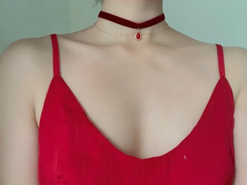 MOMOCAT Red Teardrop Velvet Double Layered Choker Necklace for Women Red Gothic Chokers Vampire Chocker Accessories Burgundy Statement Necklaces3