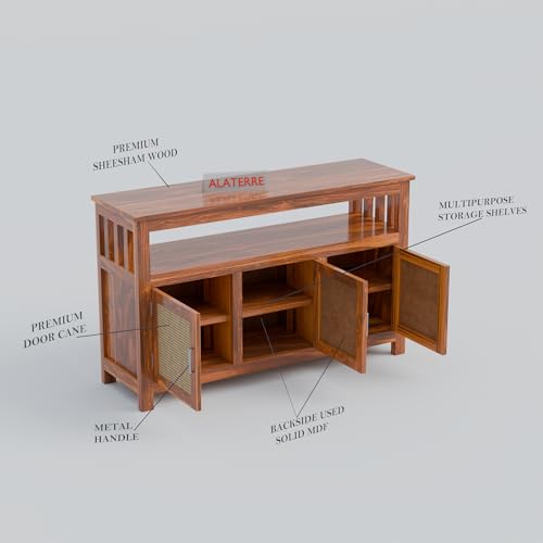 Image of ALATERRE Wooden Sideboard Cabinet with Cane Doors | 3 Door Storage Cabinet with Open Shelf | Solid Wood Buffet Table for Living Room, Dining Room & Entryway (Honey Finish)