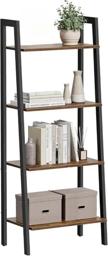 小型本棚 4段 スモールシェルフ 43cm 狭い棚 タブレット 棚ユニット バスルームコーナーシェルフ ディスプレイキャビネット ブラックメタルフレーム付き 寝室 リビングルーム用 - 素朴なブラウン
