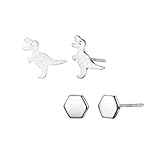 BriLove 925 Sterling Silver Stud Earrings Set for Women (2 pairs, Hexagon and Dinosaur T-Rex)