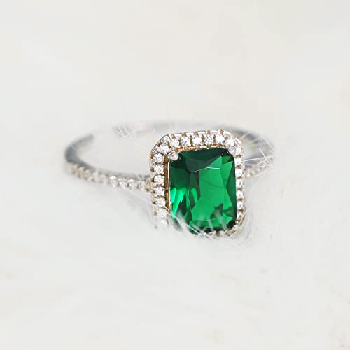 3.6ct 8x6mm Created Green Simulated Emerald Rings 925 Sterling Silver Engagement Ring for Women May Birthstone Rings Paved Cubic Zirconia Wedding Rings Size 5-104