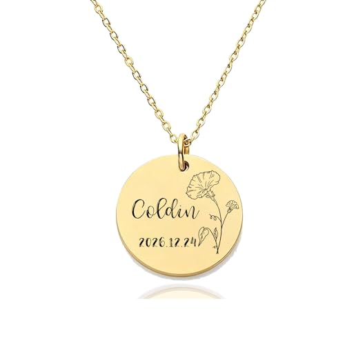 HUAN XUN Custom Birth Month Flower Coldin Necklace for Women 18K Gold Plated Stainless Steel Engraved Nameplate Necklace Personalized Floral Disc Pendant Adjustable Chain Jewelry Gifts for Mother