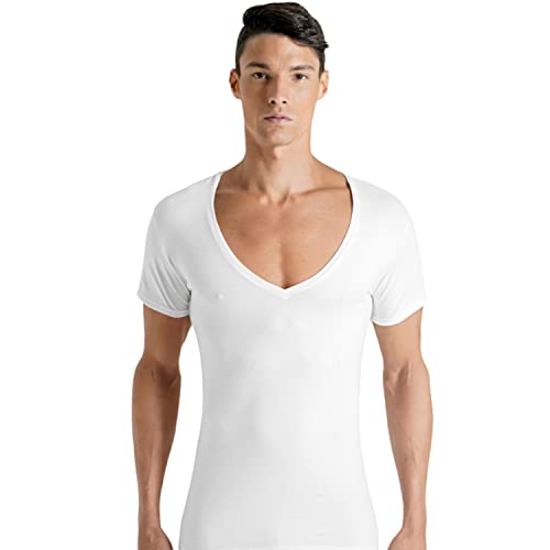Rounderbum Men’s Deep V-Neck T-Shirt 2-Pack – No-Show Undershirts, Cotton-Stretch, Modern Slim Fit