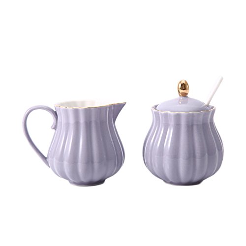 CHOOLD Elegant Flower Design Ceramic Sugar and Creamer Set With Lid Spoon - Coffee Serving Set for Wedding Gift 7.5oz