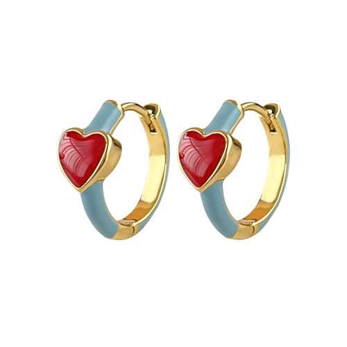 Gold Plated Hoop Earrings with Red Heart Charm, Light Blue Enamel Huggie Hoops, Cute Colorful Statement Earrings for Women