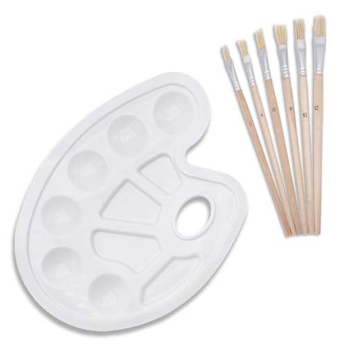 Paleta de pintura portátil de plástico blanco de 23 cm, con 6 pinceles para pintar, para niños y adultos, paleta para acuarela y témpera, para mezclar colores artistas y aficionados