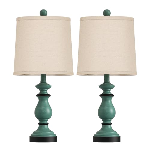 Image of PARTPHONER Traditional Table Lamp Set of 2, Rustic Farmhouse Table Lamps for Living Room Bedroom, 22 inch Bedside Desk Lamps Vintage Nightstand Lamps with Linen Shades, Green