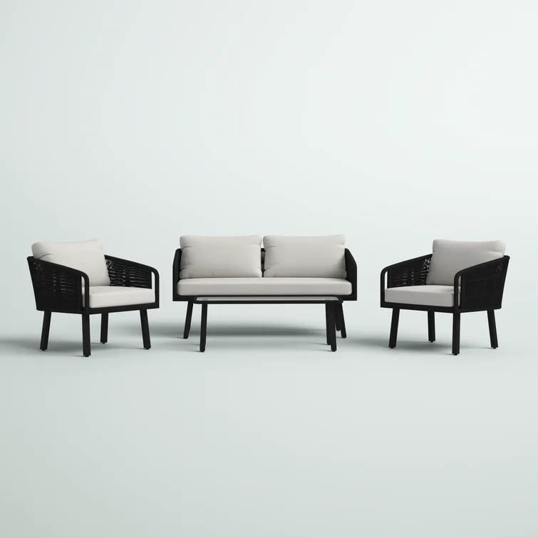 Image of DEVOKO 4 Seater Sofa Outdoor Indoor Conversation Patio Rope Furniture Set with Cushion and Center Table for Garden, Bacony, Poolside (Black & Offwhite)