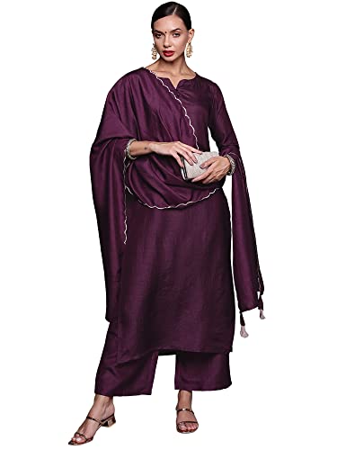 Image of INDO ERA Women's Polyester Solid Straight Kurta Palazzo With Dupatta Set(IE26KH9PK1836)