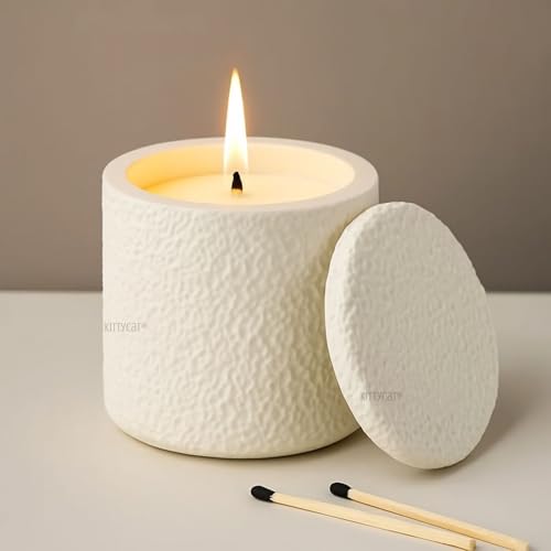 Image of Kitty Cat Long Burn Scented Soy Wax Candle | Hand-Poured in Textured Matte Concreate Jar with Lid | Minimal Aesthetic Home Decor & Gift for Bedroom, Office & Spa | Premium Aroma Candle