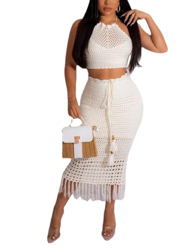 Image of Women Plus Two-Piece Skirt Set Tassel Fishing Net Knittin Hollow Out Off Shoulder Beach Dresses Swimsuit Cover Ups