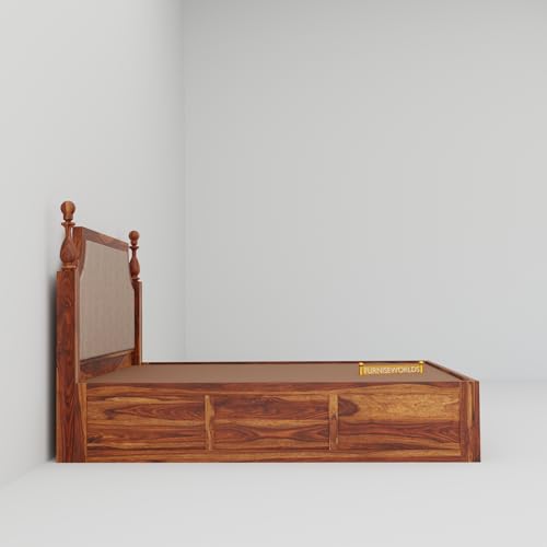 Image of Sheesham Wood King Size Bed with Storage | Solid Rosewood Double Bed for Bedroom | Wooden Palang with Box Storage | Cot Bed Furniture | Classic Bed Honey Finish | 78x72x41 Inch