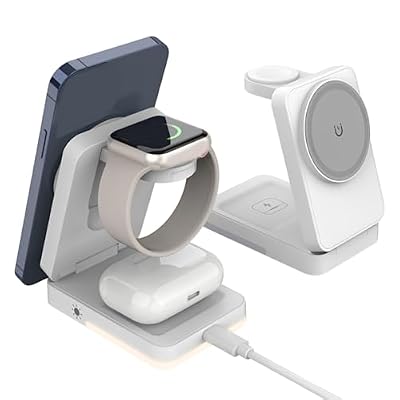 Jiawu Wireless Charging Station, 15W Max Power 3 in 1 Wireless Charger, Rapid Heat Dissipation Magnetic Foldable Travel Fast Charger Stand for iOS Phone Watch Earphone (White)