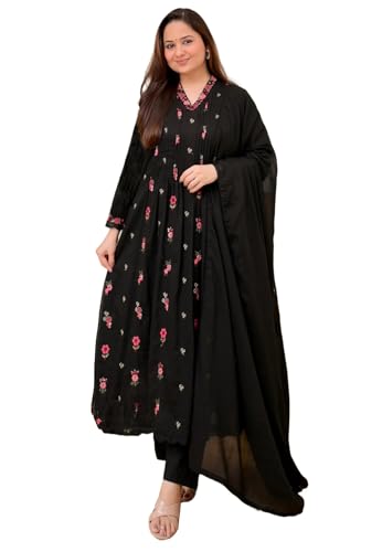 KLOSIA Women Embroidery Solid Anarkali Kurta and Pant Set with Dupatta (in, Alpha, M, Black)