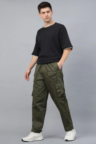 Image of Veirdo Pure Cotton Baggy Fit Regular Length Mid Rise 6 Pocket Cargos for Men (Colors Available: Black, Olive, Grey, Brown & Navy)