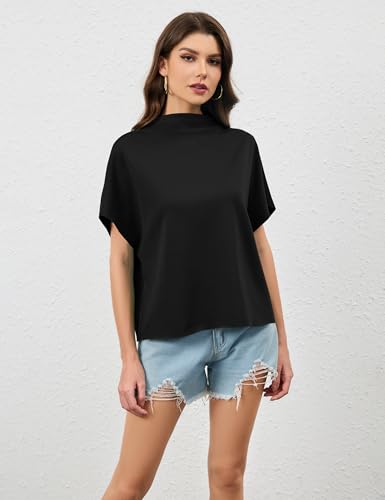 MISSACTIVER Women’s Casual Mock Neck Batwing Tee Top Short Sleeve Drop Shoulder Solid Color Baggy Tshirt Summer Outfits3