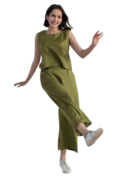 Women's Cotton Co-Ord Set | Sleeveless Round Neck Top with Wide Leg Pants | Solid Casual Two Piece Outfit | Summer Lounge Wear for Women-picture-18