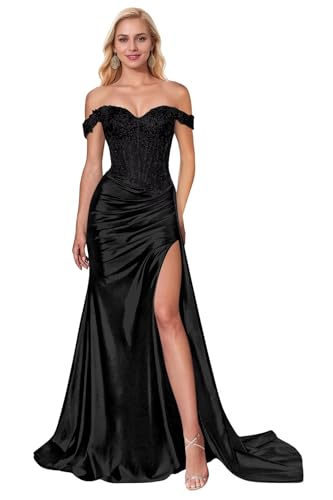 Women's Off Shoulder Prom Dress Sparkly Sequin Appliqued Formal Evening Gowns Long Satin Party Maxi Dresses
