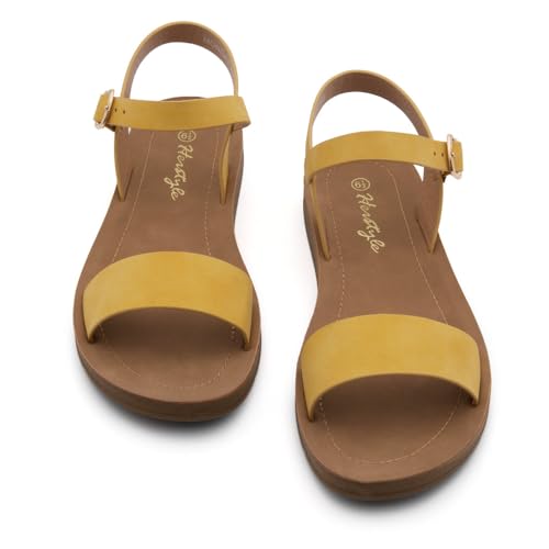 Image of Herstyle Flat Sandals for Women - Open Toe 1 Band Ankle Strap Summer Dressy Sandals, Lightweight Casual Strappy Slip-On Flats with Adjustable Buckle