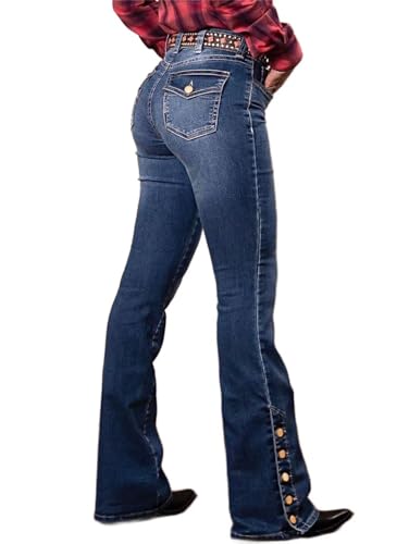 Flamingals Women's Buttoned Hem Bootcut Jeans Without Belt Mid Waist Casual Pants Navy Blue