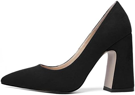 AMBELIGHT Women's Slip On Wedding Pointed Toe Fashion Chunky Suede 4 Inch High Heel Solid Pumps Shoes Black Size 9.5 - Zapato Tacon | Image 1