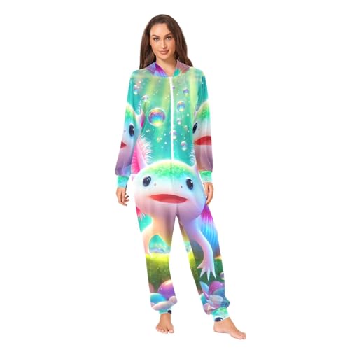 Combinaison pyjama axolotl rose contre le froid grenouillère adulte