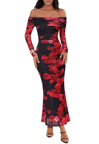 MEROKEETY Women's Fall Off Shoulder Floral Maxi Dresses Formal Long