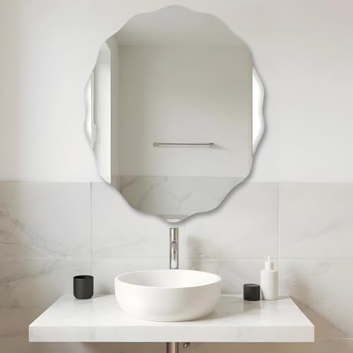 Image of Amazon Basics Frameless Oval Glass Wave Wall Mount Mirror with Beveled Edges - Decorative Bathroom, Bedroom, Living Room, Dressing Room & Entryway Mirror - 38 x 0.4 x 44.5 cm