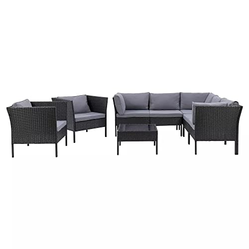 Image of DEVOKO 5-Piece L-Shape Outdoor Patio Wicker Conversation Set Sofa with Ottomans and Glass Coffee Table (Black and Dark Grey)