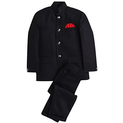 Image of Hopscotch Boys Regular Fit Faux waistcoat Cotton Solid Faux Blazer and Pant Set in Black Color