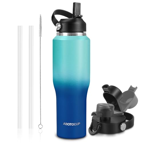 Image of ABOTOCUP Insulated Water Bottle 32oz with Straw /Spout Lids, Stainless Steel Water Bottles Keep Cold 24h&Hot 12h, Metal Water Bottle with Straw that Fits in Cup Holder, Water Bottle Leak-proof,BPA Free