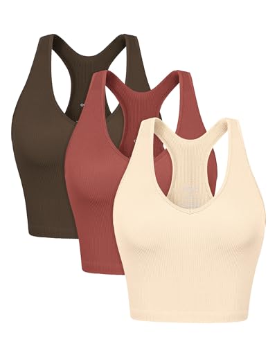 ODODOS 3-Pack Seamless Racerback Crop Tank for Women Ribbed Knit