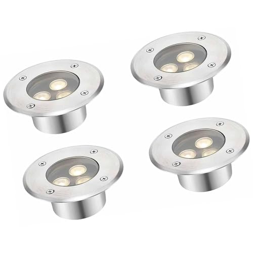 GUODDM 4 Luci LED da Incasso per Esterni, Luci RGB UltraSottili per Fontane, Faretti da Incasso Rotondi Impermeabili IP68, Luci LED Subacquee per Laghetti, Illuminazione Decorativa(Yellow,AC 24V-3W)