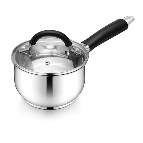 E-far 1 Quart Sauce Pan with Lid, Tri-Ply Base Stainless Steel Small Saucepan with Stay-Cool Handle...