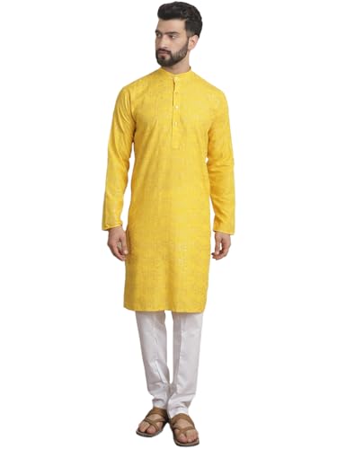 Sojanya (Since 1958 Men's Cotton Foil Printed Mustard Kurta With Churidaar Pyjama