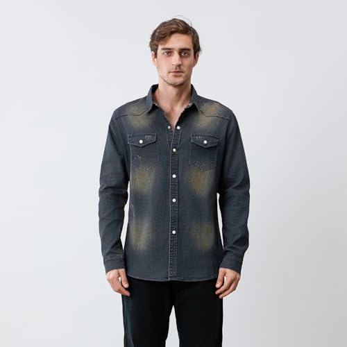 Owl's-Yard Men's Denim Button Down Shirts Solid Color Long Sleeve Lapel Denim Jacket Spring Autumn Casual Button Shirts4