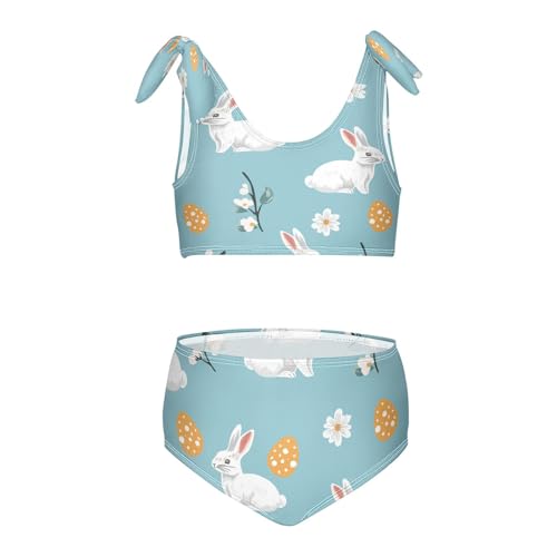 Easter Retro Rabbits Eggs Flowers Girls Swimsuits 2 Piece Bunny Swimwear Bikini Set Beach Bathing Suit for Summer Girl Kids 11-12T