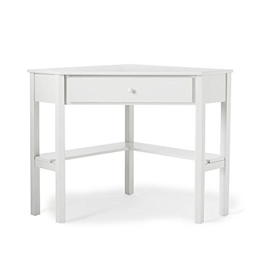 This Classically Styled Desk utilizes a Small Space for a Big Impact, with Stylish Under-Desk Shelving and a Drawer to Hide Clutter. Simple Living Wood Corner Computer Desk (1, Antique White) - Thumbnail 2