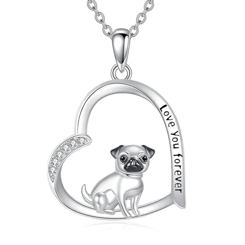 CUPENDA Mops Kette 925 Sterlingsilber Herz Hund Welpen-Anhänger Süß Geburtstagsschmuck – Freundschaftsschmuck für Damen Hundeliebhaberinnen