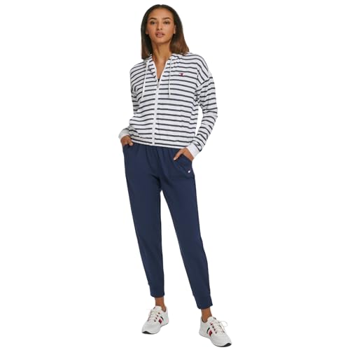 Image of Tommy Hilfiger Women's Full Zip Elastic Waist Hood Sweatshirt Pullover, Navy Heather, Medium