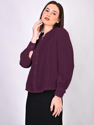 Image of Women's Regular Fit Solid Pleated Cotton Blend Shirts
