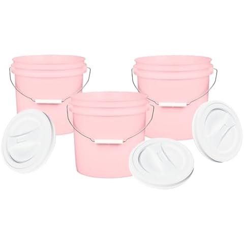 House Naturals 2 Gallon Pink Food Grade BPA Free Made in USA Bucket with Screw On White Lid - Pack of 3 Cover
