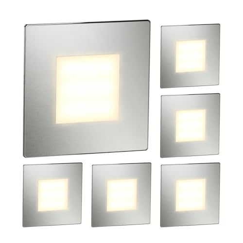 ledscom.de 6-diodowa lampka schodowa/oprawa ścienna do montażu podtynkowego FEX do zastosowań wewnętrznych i zewnętrznych, prostokątna, stal nierdzewna, 85 x 85 mm, ciepła biel