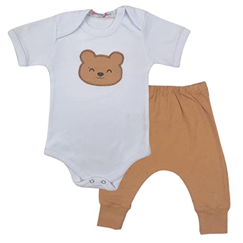 Conjunto Roupa Bebê Menino Body Ursinho e Calça Mijão Culote Infantil Cor:Bege;Tamanho:P