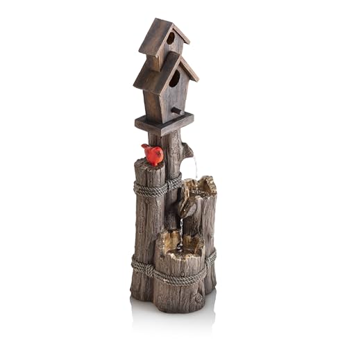 Alpine Corporation 35' Tall Outdoor 3-Tier Birdhouse Water Fountain with Cardinal Accent, Rustic Floor Decor for Garden and Patio, Brown