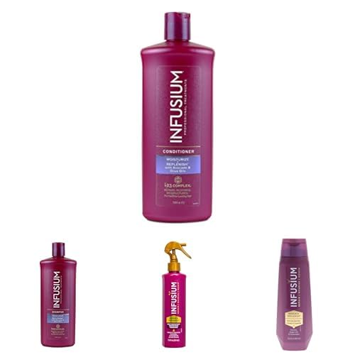 Infusium Moisturize and Replenish Hair Care Set - Hair Shampoo, Conditioner, Hair Heat Protector and Leave-in Conditioner Spray - Strengthening and Protecting Hair Kit for Damaged Hair - 4 pc