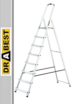 Drabest Scala Domestica in Alluminio a 8 Gradini Portata 125kg - Scaletta con Guida di Sicurezza e Piattaforma per Scale da Lavoro - Scale Multiuso - Scaletta a 8 Gradini - 52x237x12cm