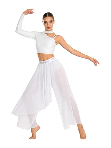 Nyeemya Traje Baile Contemporáneo Mujer Brillantes con Crop Top Danza de Manga Larga y Pantalones Malla de Gimnasia Rítmica Traje de Bailarina Ballet Blanco S