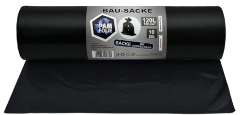 PAM-FOLIE Müllsäcke 120L - Extra Dicke Starke Abfallsäcke - Bausäcke - 100m - 70x110cm - schwarze Müllbeutel - Bauschuttsäcke - Müllsäcke für Schutt Professional