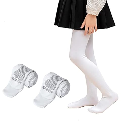 NautySaurs Girls Ballet tights Dance Spring Autumn Thermal Cotton Stockings Strechy Soft School Pantyhose for kids 3-11 years (White - 2 Pairs, 3-5 Years) Cover